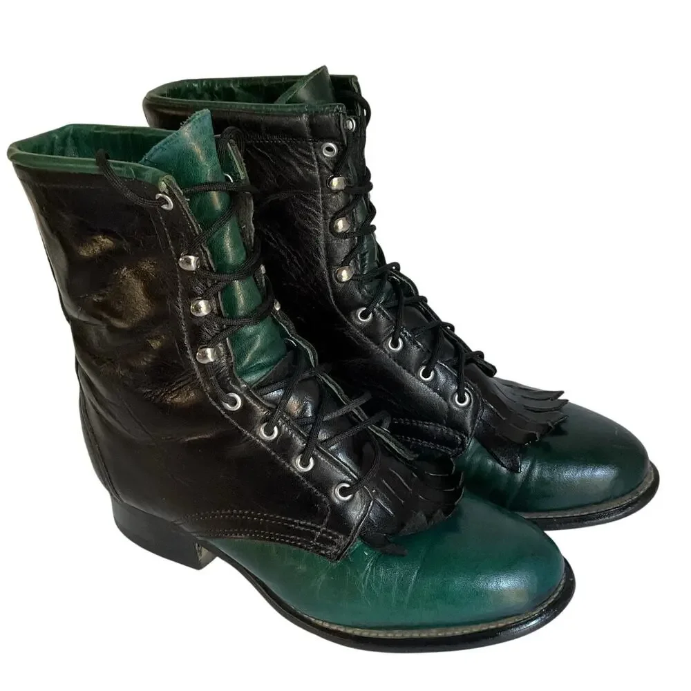 Vintage Laredo Roper Boots Black Green Leather  Women’s 6.5M Lace-Up Western - Picture 2 of 11